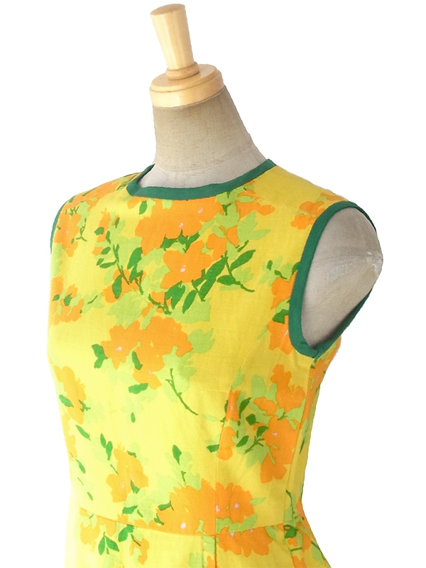 ヨーロッパ古着 フランス買い付け 60年代製 イエロ X オレンジ・グリーン 花柄 パイピング ヴィンテージ プリーツ ワンピース 17CC001