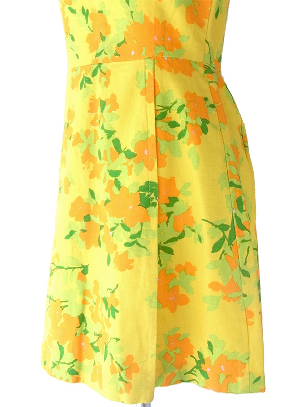 ヨーロッパ古着 フランス買い付け 60年代製 イエロ X オレンジ・グリーン 花柄 パイピング ヴィンテージ プリーツ ワンピース 17CC001