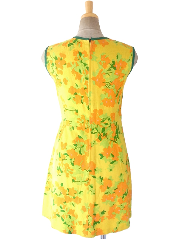 ヨーロッパ古着 フランス買い付け 60年代製 イエロ X オレンジ・グリーン 花柄 パイピング ヴィンテージ プリーツ ワンピース 17CC001