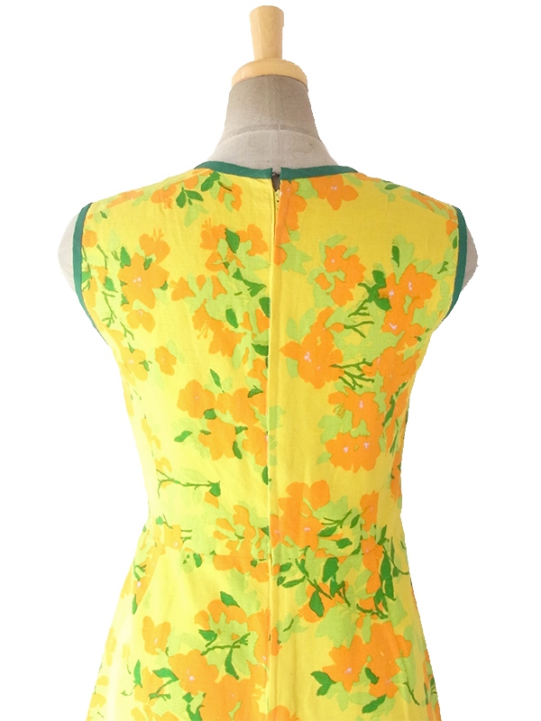 ヨーロッパ古着 フランス買い付け 60年代製 イエロ X オレンジ・グリーン 花柄 パイピング ヴィンテージ プリーツ ワンピース 17CC001