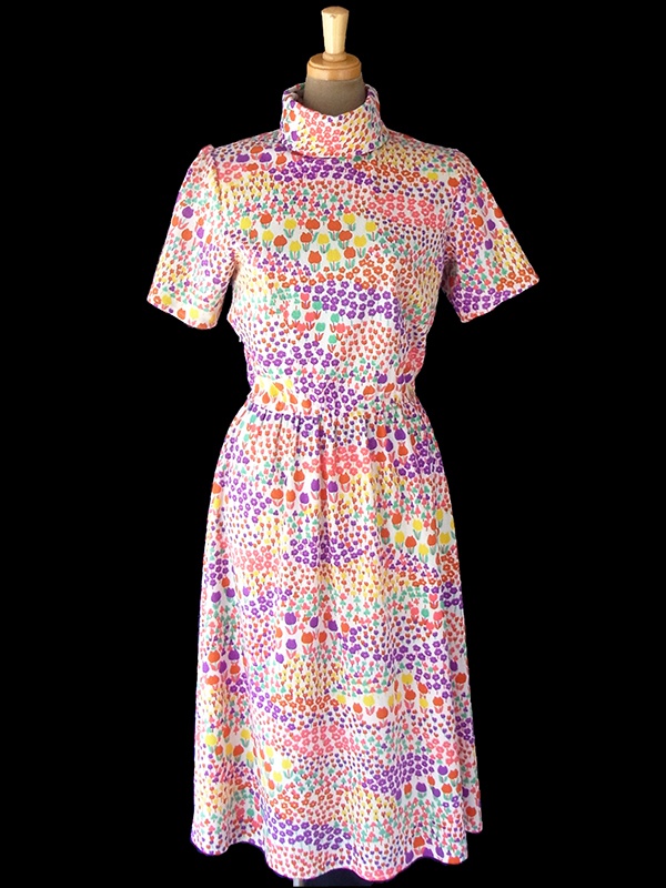 ヨーロッパ古着 70年代製 ホワイト X カラフル小花柄 ロールカラー パイル地 ヴィンテージ ワンピース 17CC002