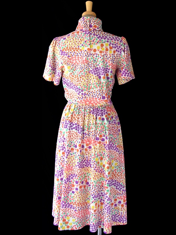 ヨーロッパ古着 70年代製 ホワイト X カラフル小花柄 ロールカラー パイル地 ヴィンテージ ワンピース 17CC002