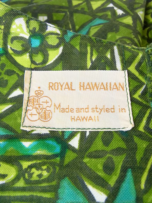 【送料無料】50年代ハワイ製 Royal Hawaiian グリーン パイナップル柄 ポケット付き サイドブリーツ ワンピース 17CC007