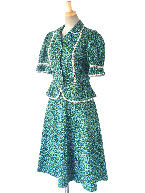 送料無料】フランス買い付け 60年代製 ブルー・グリーン 小花柄