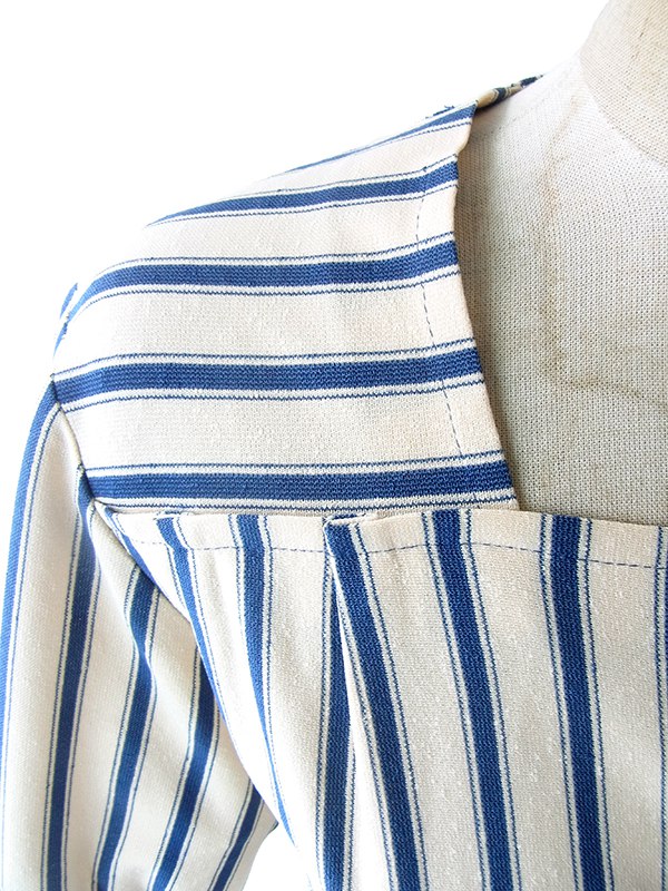 ヨーロッパ古着 フランス買い付け 70年代製 オフホワイト X ブルー ストライプ 共布ベルト付き ヴィンテージ ワンピース 17FC013