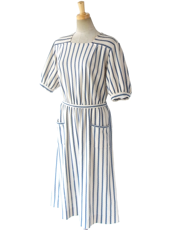 ヨーロッパ古着 フランス買い付け 70年代製 オフホワイト X ブルー ストライプ 共布ベルト付き ヴィンテージ ワンピース 17FC013