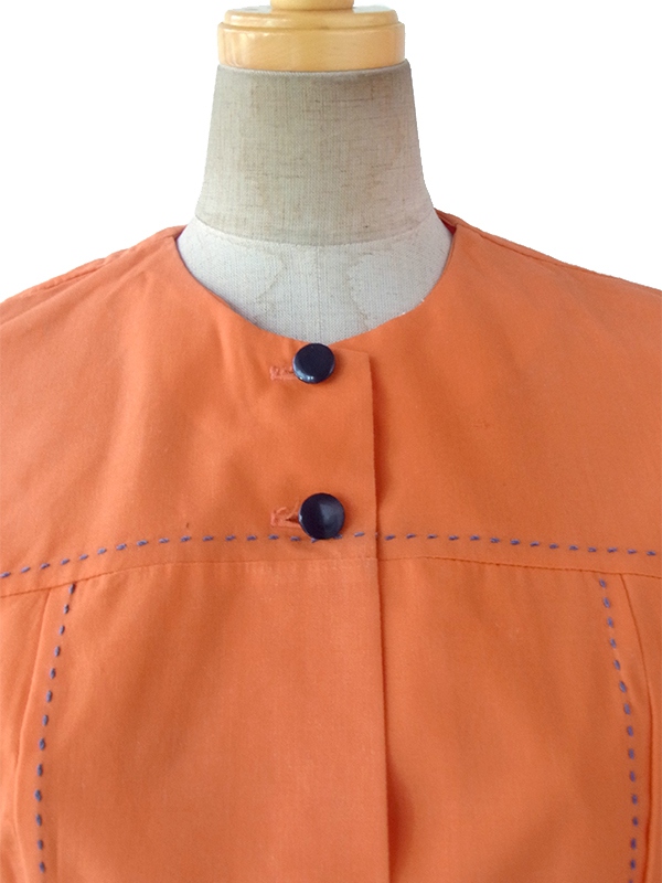 ヨーロッパ古着 フランス買い付け 60年代製 オレンジ X ブルー ビッグステッチ デザインポケット付き レトロ ワンピース 17FC104