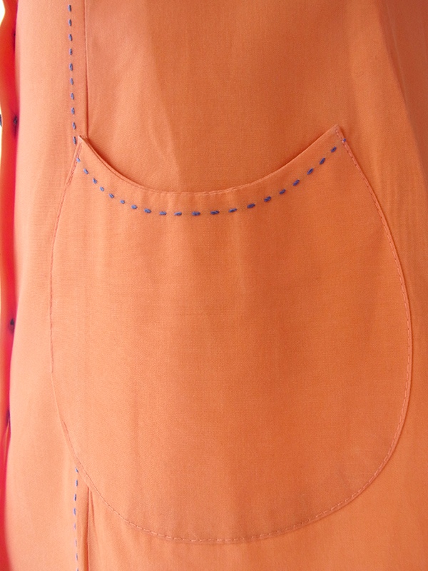 ヨーロッパ古着 フランス買い付け 60年代製 オレンジ X ブルー ビッグステッチ デザインポケット付き レトロ ワンピース 17FC104