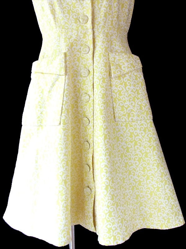 ヨーロッパ古着 フランス買い付け 60年代製 イエロー X ホワイト ダマスク織り ヴィンテージ ワンピース 17FC115