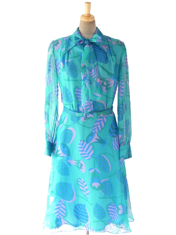 ヨーロッパ古着 60年代フランス製 エメラルドグリーン X ピンク・ブルー 花柄 ボウタイ シフォン地 ワンピース 17FC300