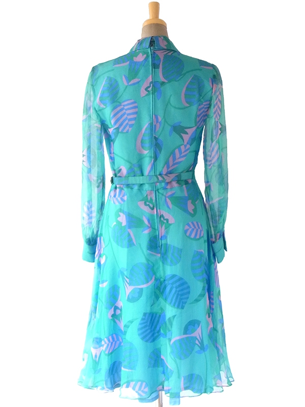 ヨーロッパ古着 60年代フランス製 エメラルドグリーン X ピンク・ブルー 花柄 ボウタイ シフォン地 ワンピース 17FC300