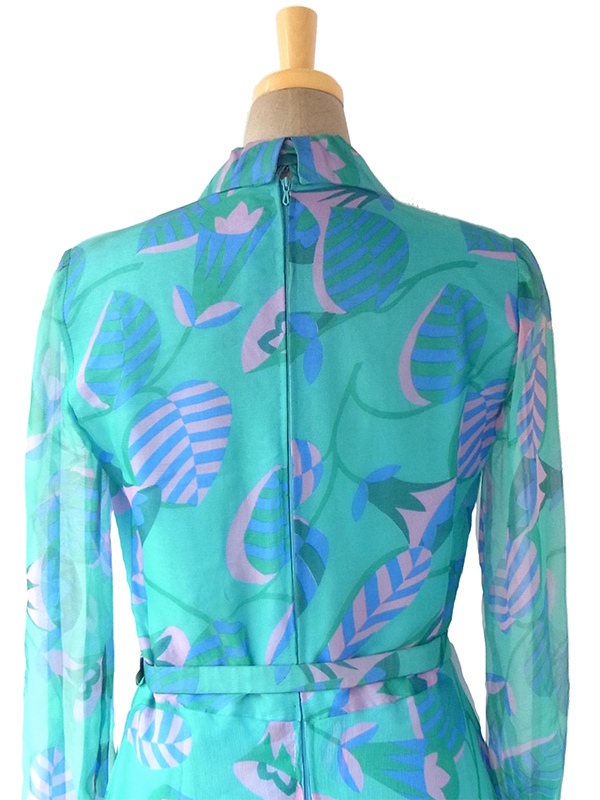 ヨーロッパ古着 60年代フランス製 エメラルドグリーン X ピンク・ブルー 花柄 ボウタイ シフォン地 ワンピース 17FC300