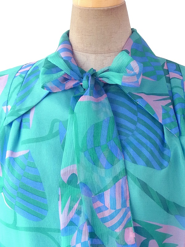 ヨーロッパ古着 60年代フランス製 エメラルドグリーン X ピンク・ブルー 花柄 ボウタイ シフォン地 ワンピース 17FC300