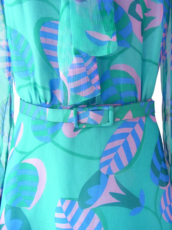 ヨーロッパ古着 60年代フランス製 エメラルドグリーン X ピンク・ブルー 花柄 ボウタイ シフォン地 ワンピース 17FC300