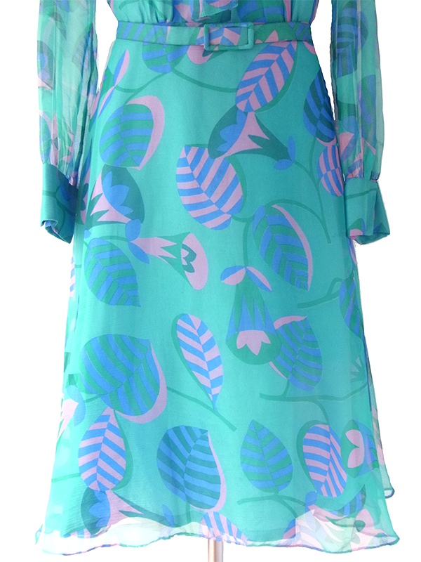 ヨーロッパ古着 60年代フランス製 エメラルドグリーン X ピンク・ブルー 花柄 ボウタイ シフォン地 ワンピース 17FC300