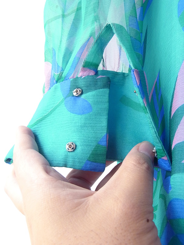 ヨーロッパ古着 60年代フランス製 エメラルドグリーン X ピンク・ブルー 花柄 ボウタイ シフォン地 ワンピース 17FC300