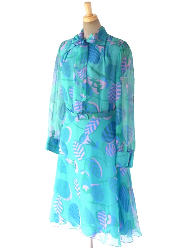 ヨーロッパ古着 60年代フランス製 エメラルドグリーン X ピンク・ブルー 花柄 ボウタイ シフォン地 ワンピース 17FC300