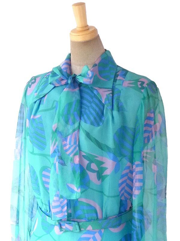 ヨーロッパ古着 60年代フランス製 エメラルドグリーン X ピンク・ブルー 花柄 ボウタイ シフォン地 ワンピース 17FC300