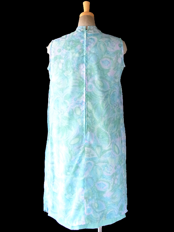 ヨーロッパ古着 フランス買い付け 60年代製 水色 X 水彩のような淡い模様 シフォン地 プリーツ ワンピース 17FC321