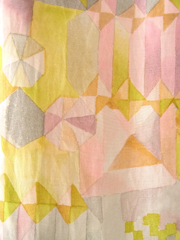 ヨーロッパ古着 フランス買い付け 60年代製 水彩のような色彩のレトロ柄 Aライン ヴィンテージ サテン ワンピース 17FC322