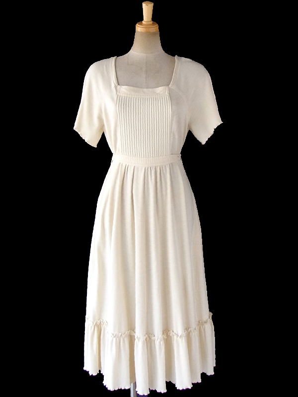 ヨーロッパ古着 フランス買い付け 60年代製 オフホワイト X フレア・ギャザーフリルデザイン  ヴィンテージ ワンピース 17FC323