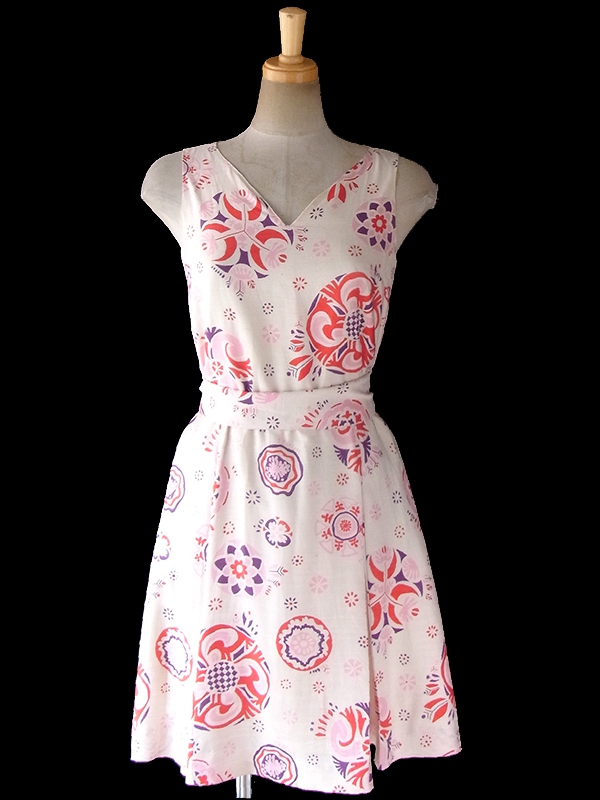 ヨーロッパ古着 60年代フランス製 Anik Robelin Paris 共布ベルト付き シルクワンピース 17FC324