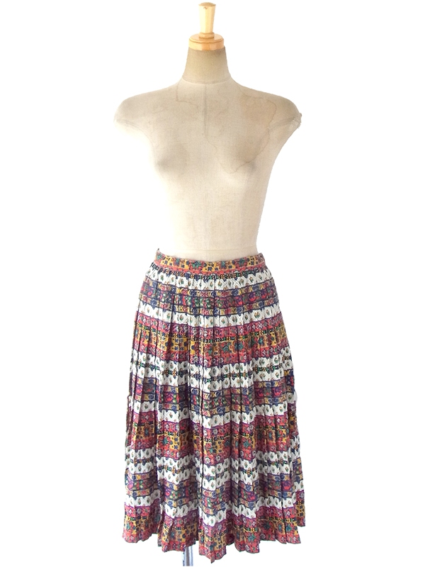 【ヨーロッパ古着】フランス買い付け 60年代製 カラフル チロル柄 プリーツ スカート 17FC333【おとなかわいい】