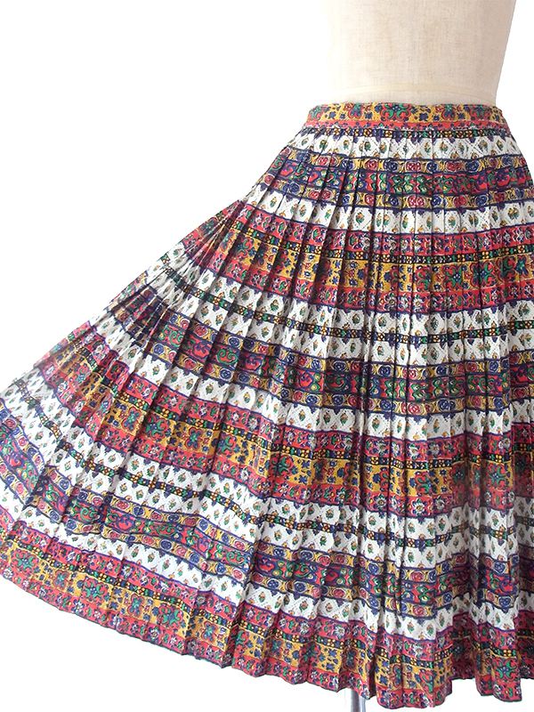 【ヨーロッパ古着】フランス買い付け 60年代製 カラフル チロル柄 プリーツ スカート 17FC333【おとなかわいい】