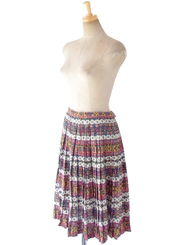 【ヨーロッパ古着】フランス買い付け 60年代製 カラフル チロル柄 プリーツ スカート 17FC333【おとなかわいい】