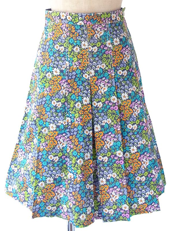 ヨーロッパ古着 フランス買い付け 60年代製 カラフル花柄 X ステッチ ボックスプリーツ スカート 17FC334