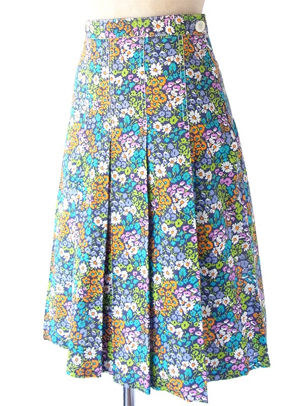 ヨーロッパ古着 フランス買い付け 60年代製 カラフル花柄 X ステッチ ボックスプリーツ スカート 17FC334