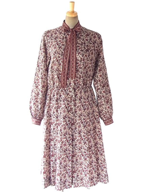 ヨーロッパ古着 フランス買い付け 70年代製 ベージュ X ブラウン・レッド 草花柄 ボウタイ ワンピース 17FC405