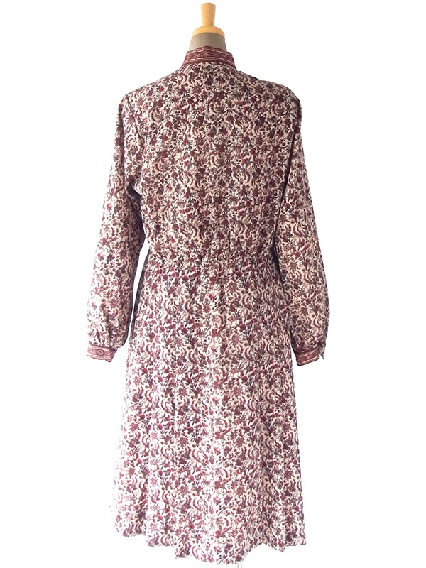 ヨーロッパ古着 フランス買い付け 70年代製 ベージュ X ブラウン・レッド 草花柄 ボウタイ ワンピース 17FC405