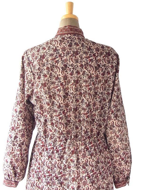 ヨーロッパ古着 フランス買い付け 70年代製 ベージュ X ブラウン・レッド 草花柄 ボウタイ ワンピース 17FC405