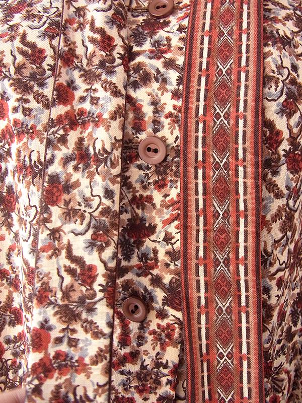 ヨーロッパ古着 フランス買い付け 70年代製 ベージュ X ブラウン・レッド 草花柄 ボウタイ ワンピース 17FC405