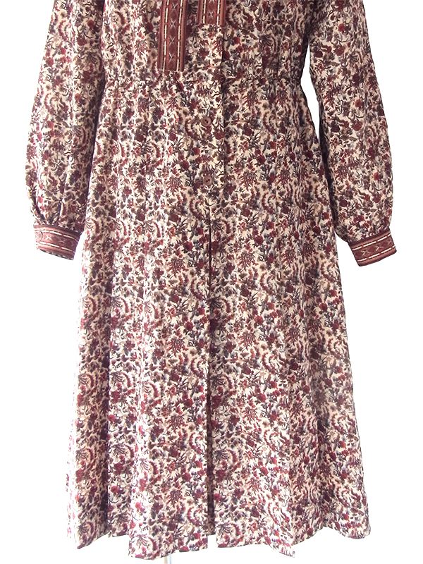 ヨーロッパ古着 フランス買い付け 70年代製 ベージュ X ブラウン・レッド 草花柄 ボウタイ ワンピース 17FC405