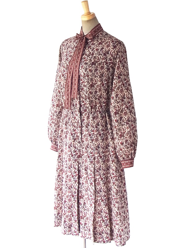 ヨーロッパ古着 フランス買い付け 70年代製 ベージュ X ブラウン・レッド 草花柄 ボウタイ ワンピース 17FC405