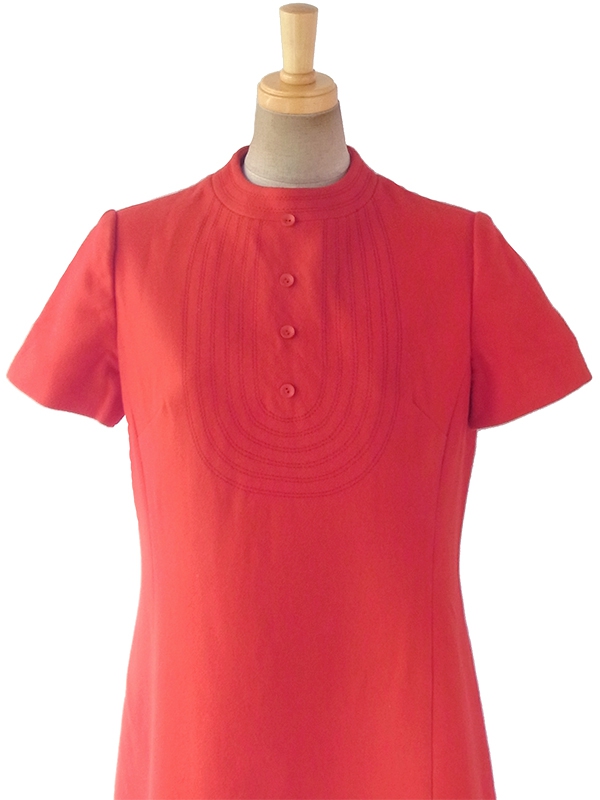 ヨーロッパ古着 60年代フランス製 レッド X ステッチデザイン モックネック  ウール ワンピース 17FC411