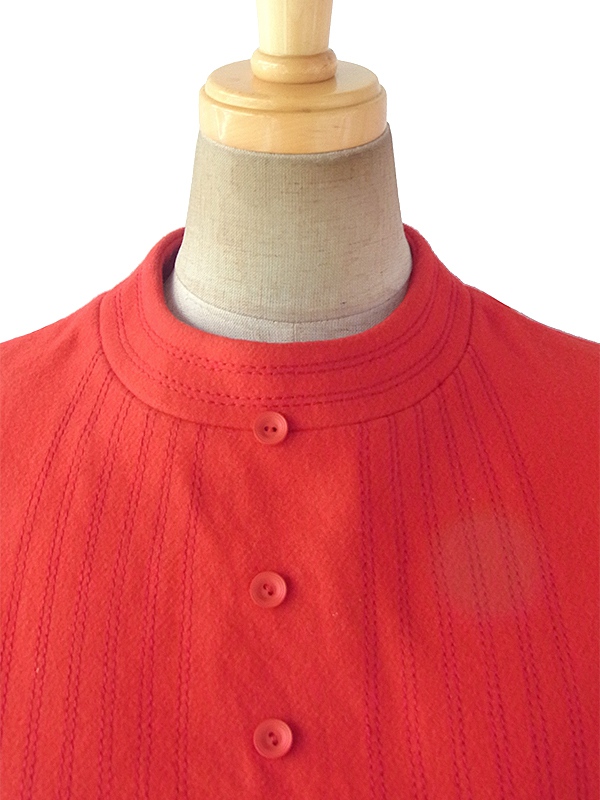 ヨーロッパ古着 60年代フランス製 レッド X ステッチデザイン モックネック  ウール ワンピース 17FC411