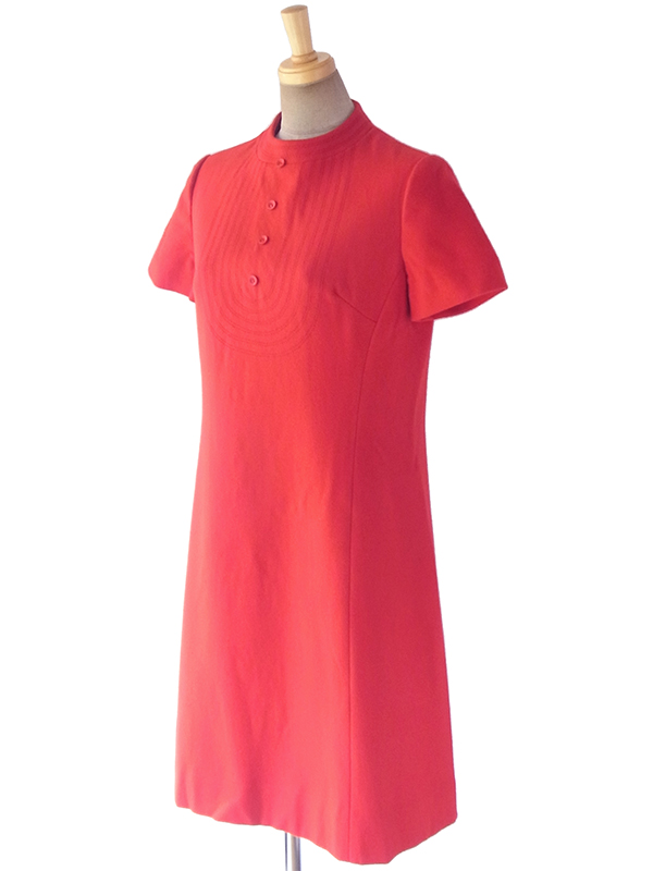 ヨーロッパ古着 60年代フランス製 レッド X ステッチデザイン モックネック  ウール ワンピース 17FC411