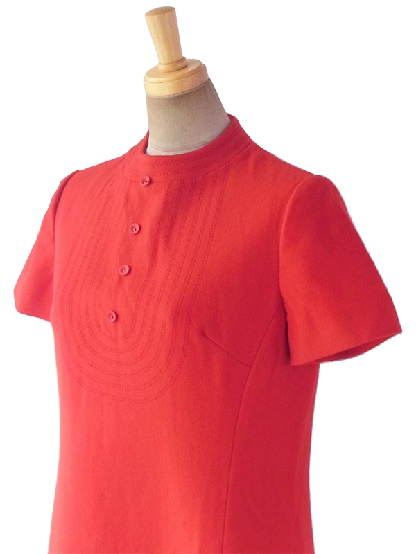 ヨーロッパ古着 60年代フランス製 レッド X ステッチデザイン モックネック  ウール ワンピース 17FC411