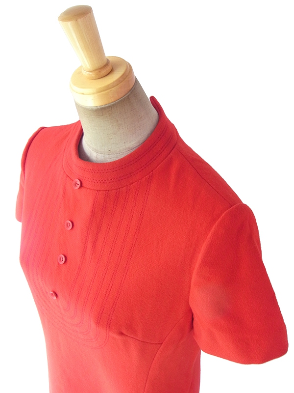 ヨーロッパ古着 60年代フランス製 レッド X ステッチデザイン モックネック  ウール ワンピース 17FC411