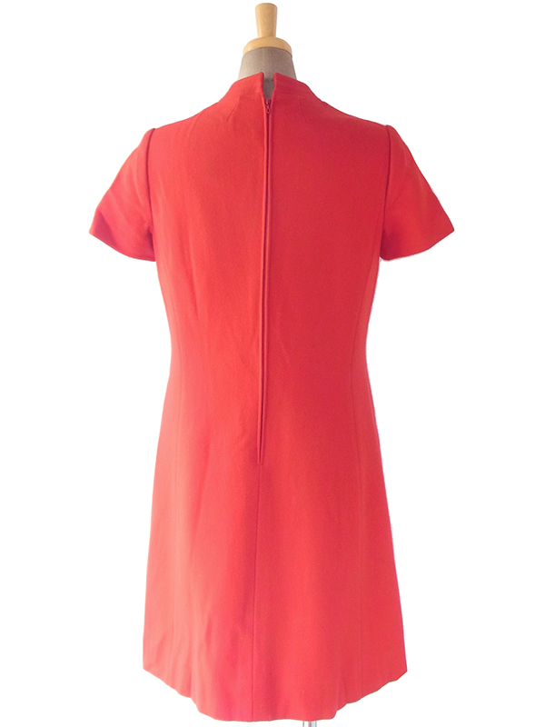 ヨーロッパ古着 60年代フランス製 レッド X ステッチデザイン モックネック  ウール ワンピース 17FC411