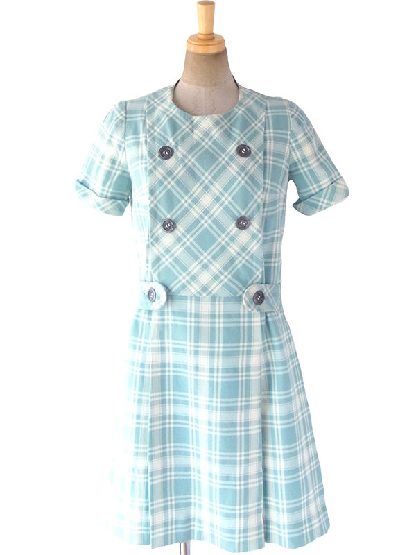 ヨーロッパ古着 フランス買い付け 60年代製 水色 X ホワイト チェック柄 ベルト風デザイン ウール ワンピース 17FC414