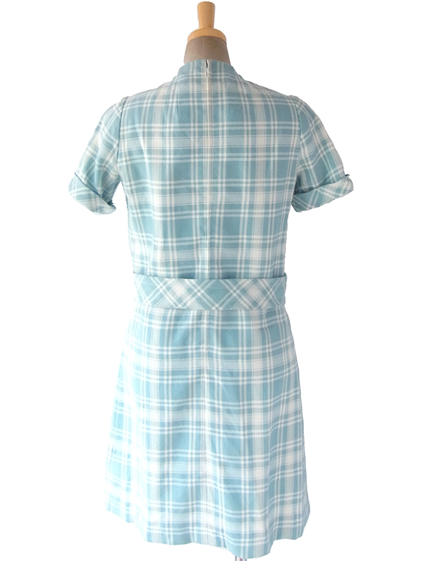 ヨーロッパ古着 フランス買い付け 60年代製 水色 X ホワイト チェック柄 ベルト風デザイン ウール ワンピース 17FC414
