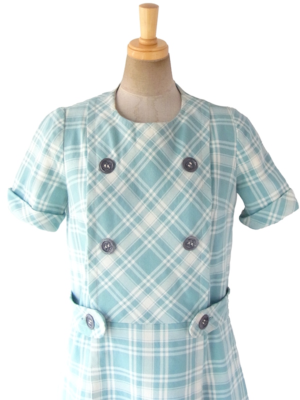 ヨーロッパ古着 フランス買い付け 60年代製 水色 X ホワイト チェック柄 ベルト風デザイン ウール ワンピース 17FC414