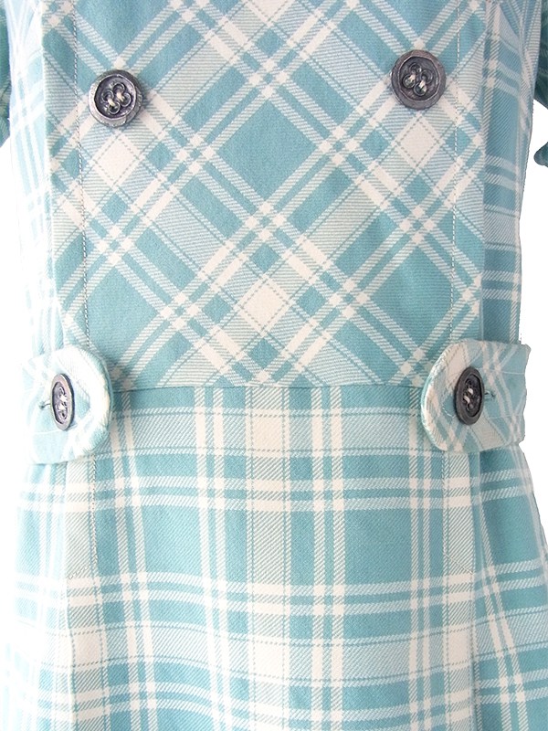 ヨーロッパ古着 フランス買い付け 60年代製 水色 X ホワイト チェック柄 ベルト風デザイン ウール ワンピース 17FC414