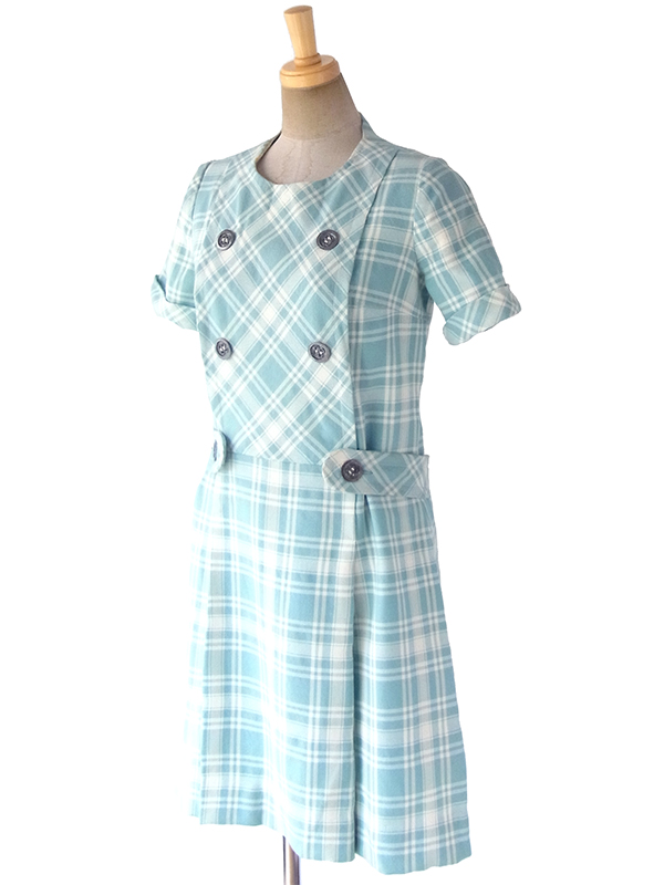 ヨーロッパ古着 フランス買い付け 60年代製 水色 X ホワイト チェック柄 ベルト風デザイン ウール ワンピース 17FC414