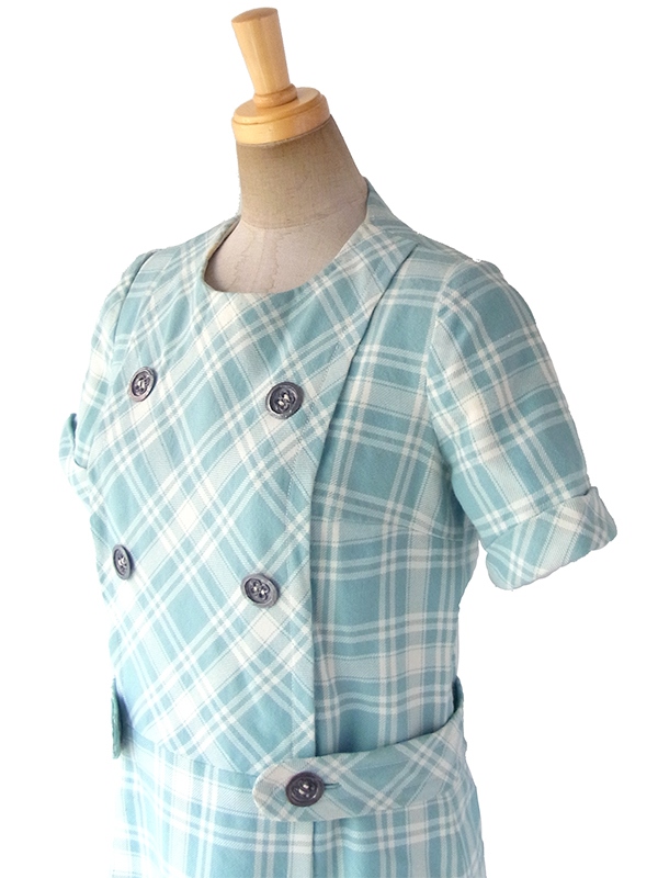 ヨーロッパ古着 フランス買い付け 60年代製 水色 X ホワイト チェック柄 ベルト風デザイン ウール ワンピース 17FC414