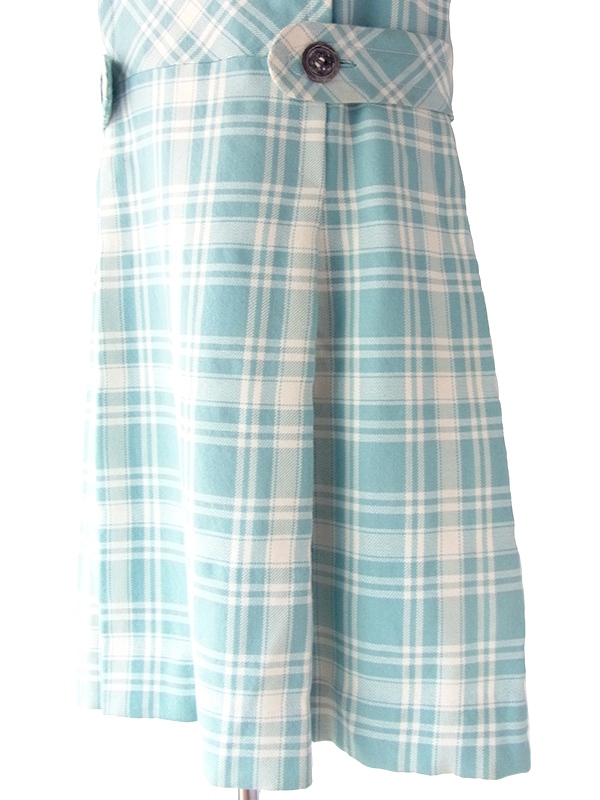 ヨーロッパ古着 フランス買い付け 60年代製 水色 X ホワイト チェック柄 ベルト風デザイン ウール ワンピース 17FC414